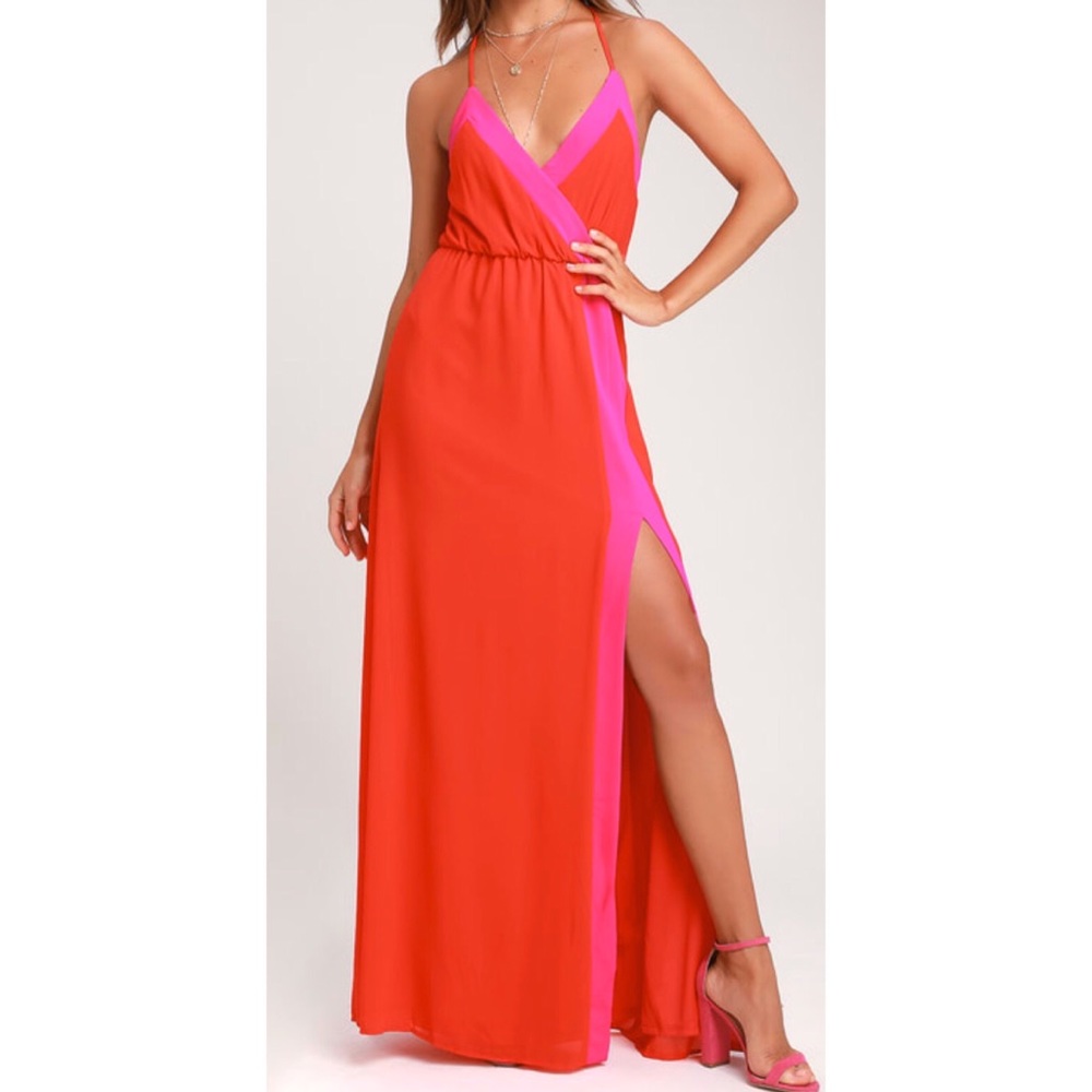 Bright Side Coral Red Color Block Maxi Dress